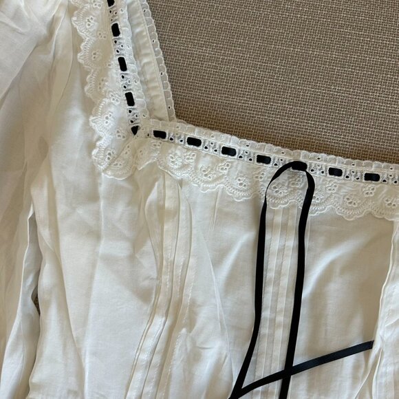 NEW Reformation Haisley Top Blouse Sz4 White Cotton Lace Black Bow French - Picture 5 of 10